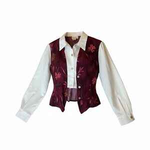 Jaclyn Smith Floral Blouse Size 8 | Burgundy Sheer Vest Style Button Front Top